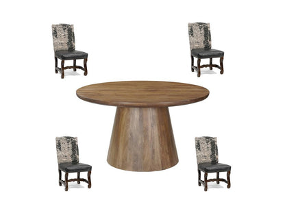 Five Piece Brown Round Solid Wood Dining Set with Four Chairs