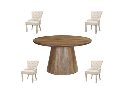 Five Piece Brown Round Solid Wood Dining Set with Four Chairs HomeRoots