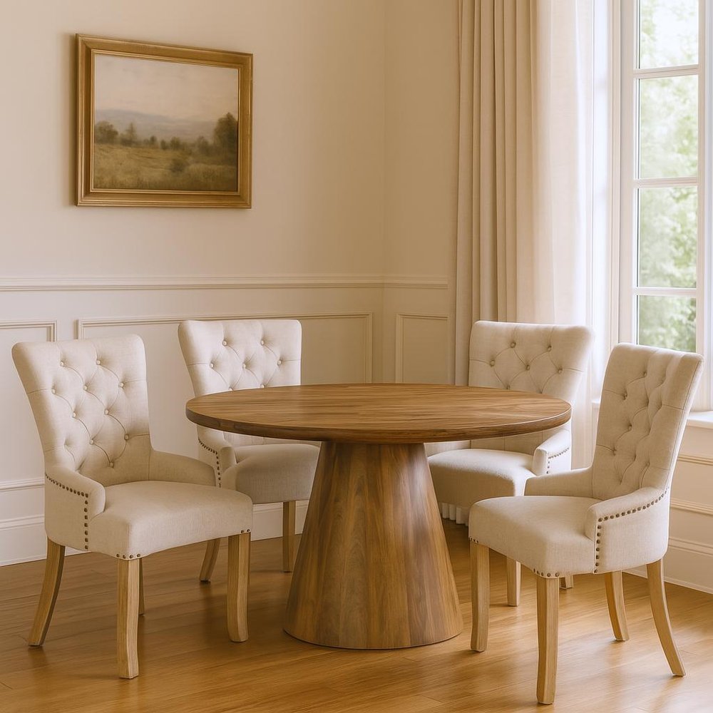 Five Piece Brown Round Solid Wood Dining Set with Four Chairs HomeRoots