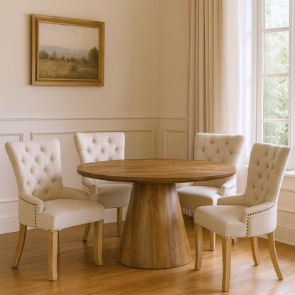 Five Piece Brown Round Solid Wood Dining Set with Four Chairs HomeRoots