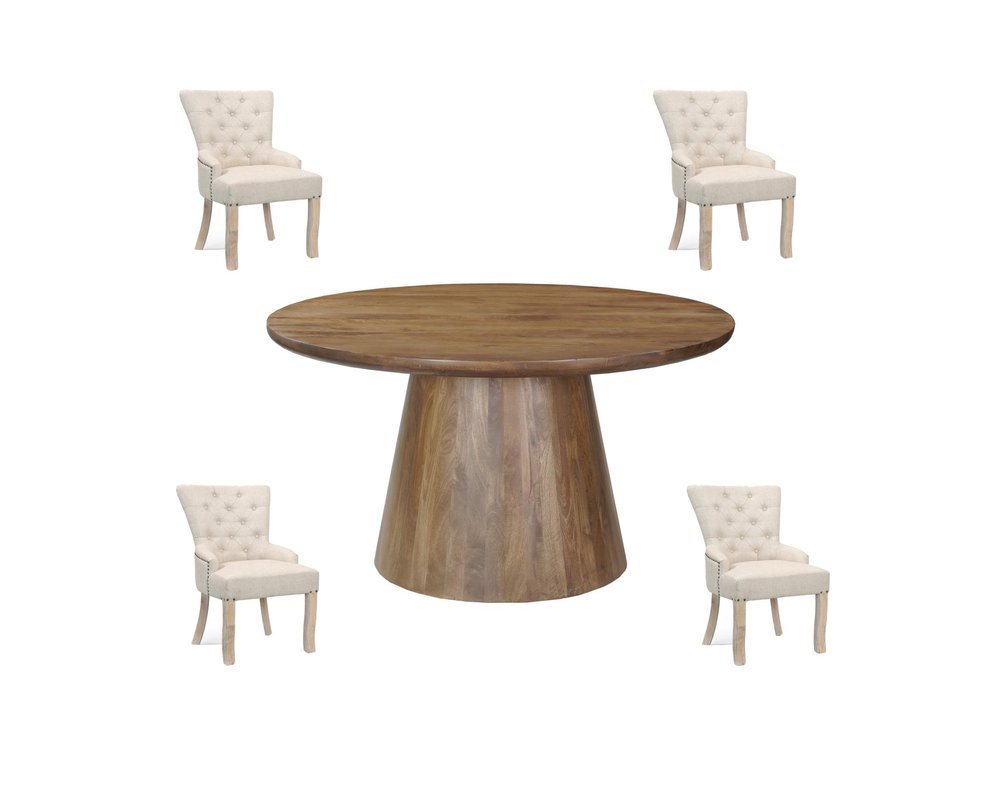 Five Piece Brown Round Solid Wood Dining Set with Four Chairs HomeRoots