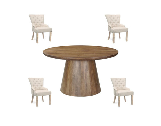 Five Piece Brown Round Solid Wood Dining Set with Four Chairs HomeRoots