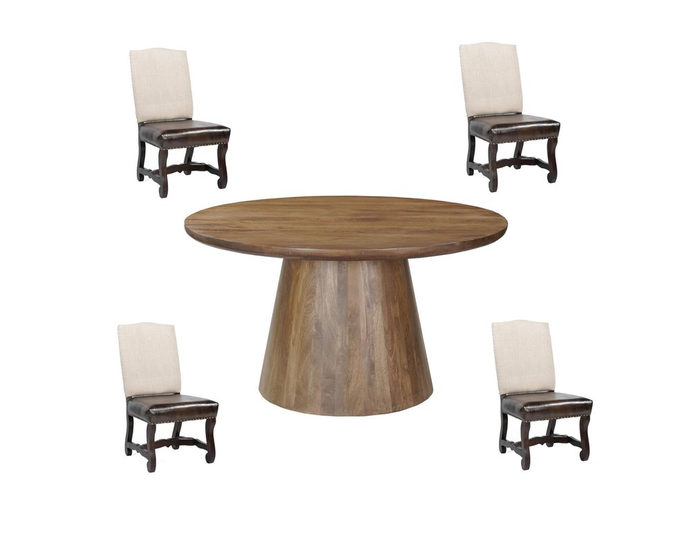 Five Piece Brown Round Solid Wood Dining Set with Four Chairs — view 1