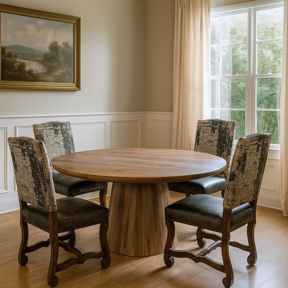 Five Piece Brown Round Solid Wood Dining Set with Four Chairs HomeRoots