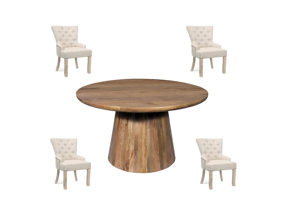 Five Piece Brown Round Solid Wood Dining Set with Four Chairs HomeRoots