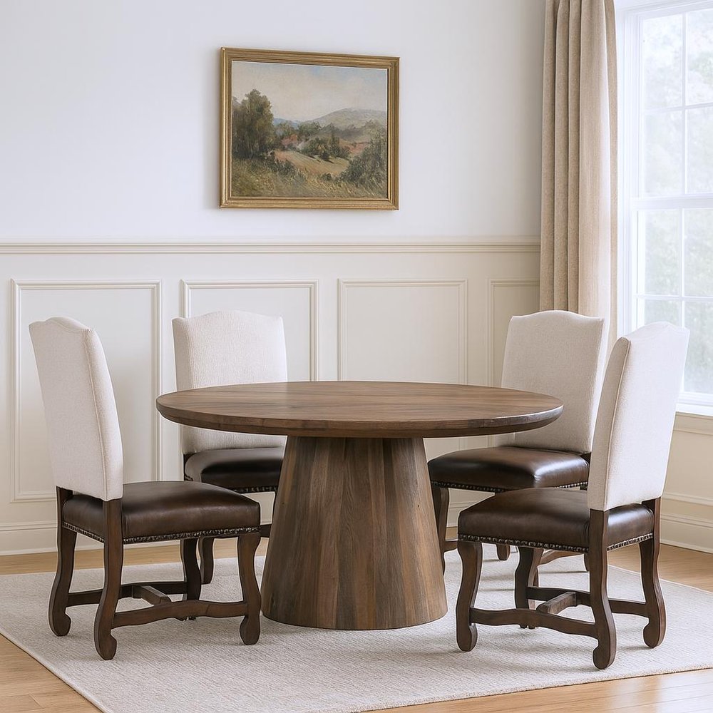 Five Piece Brown Round Solid Wood Dining Set with Four Chairs HomeRoots