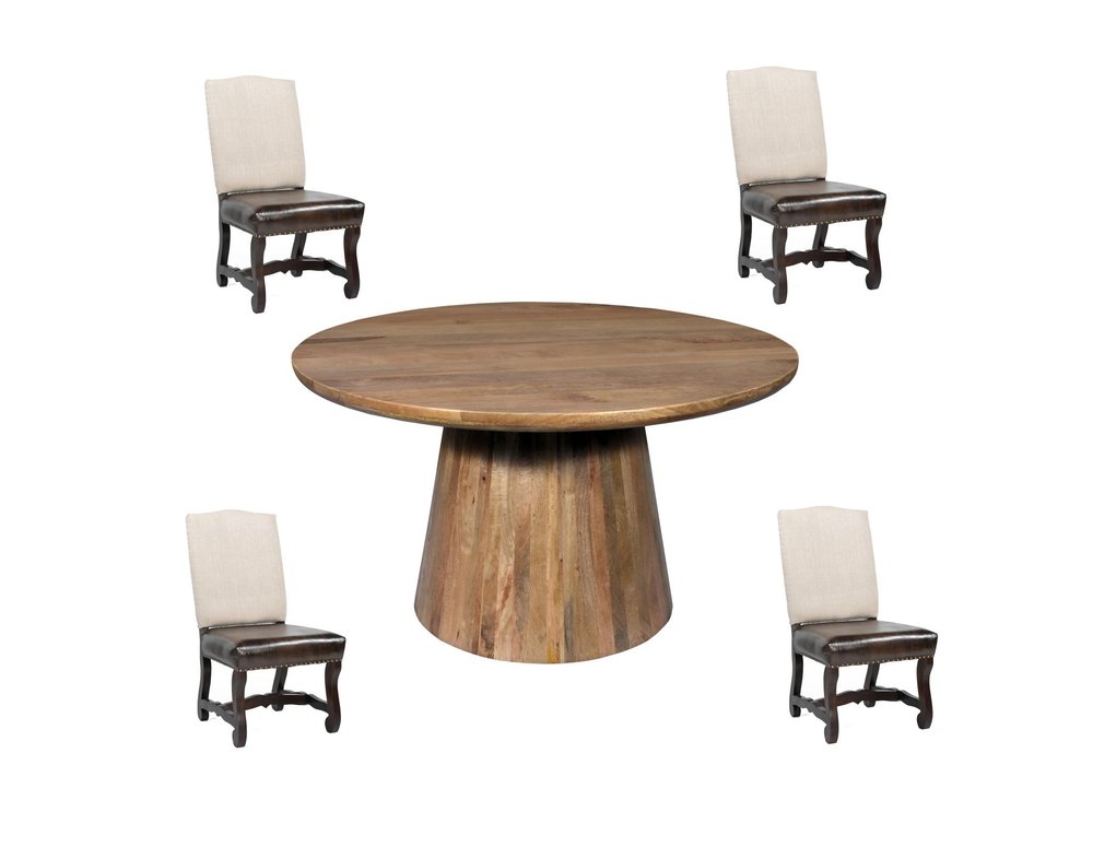 Five Piece Brown Round Solid Wood Dining Set with Four Chairs HomeRoots