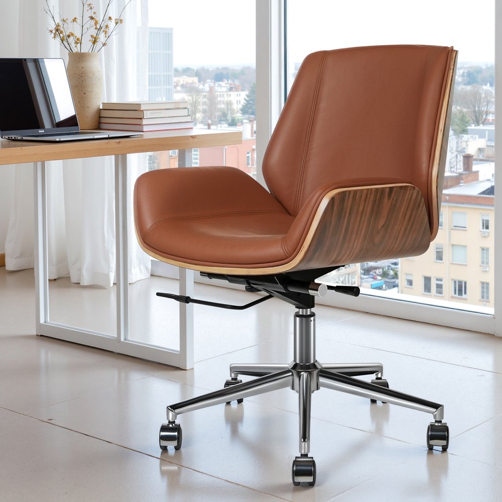 Brown Rosewood and Silver Adjustable Height Swivel Rolling Conference Office Chair HomeRoots