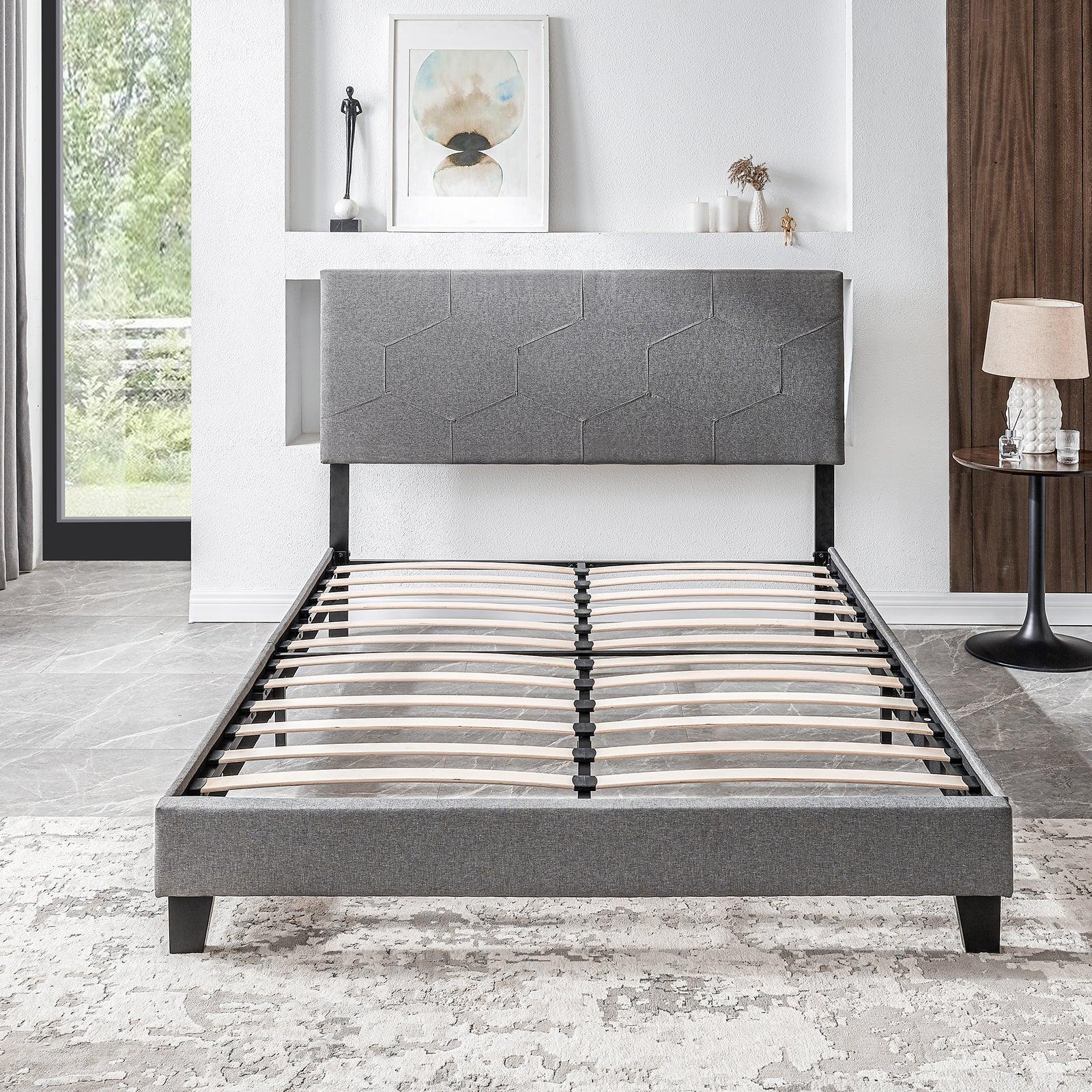 Queen Size Upholstered Platform Bed Frame Wood Slat Support Easy Assembly Grey - FurniFindUSA