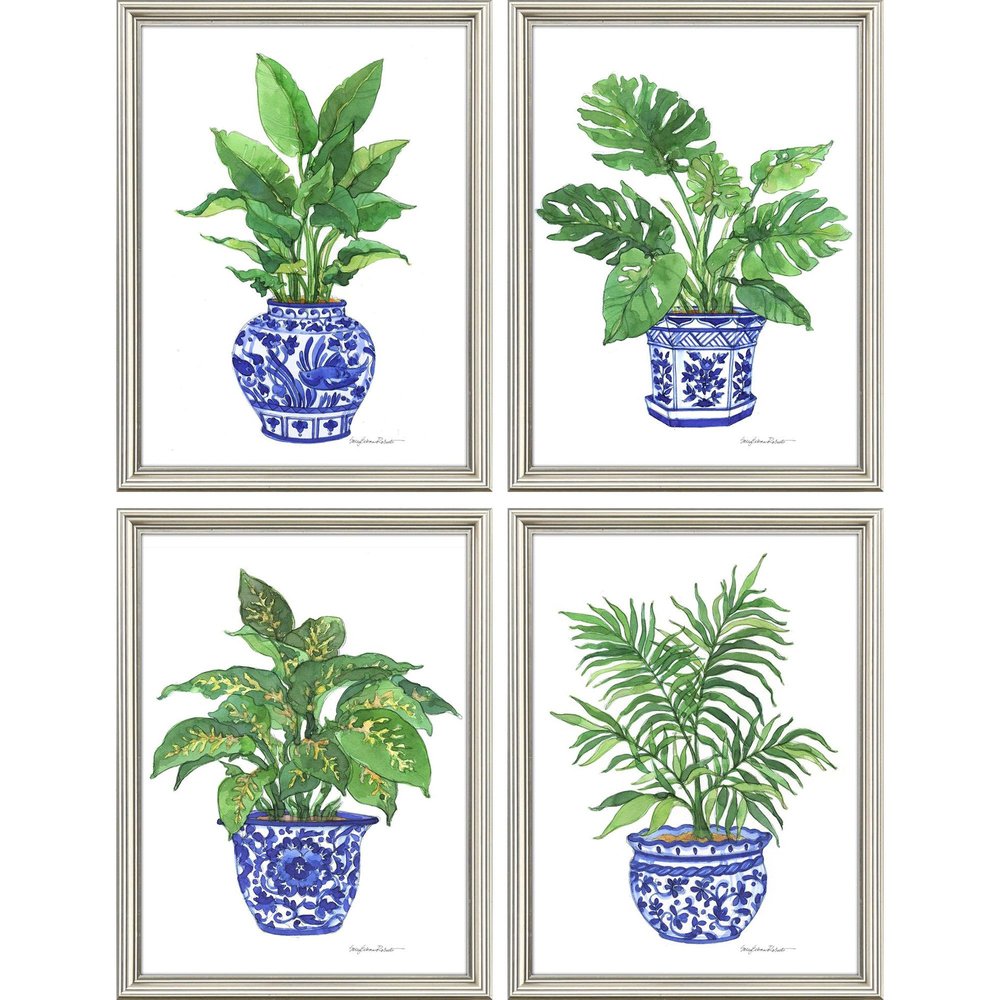 Set Of Four Botanical Blues Silver Framed Wall Art HomeRoots