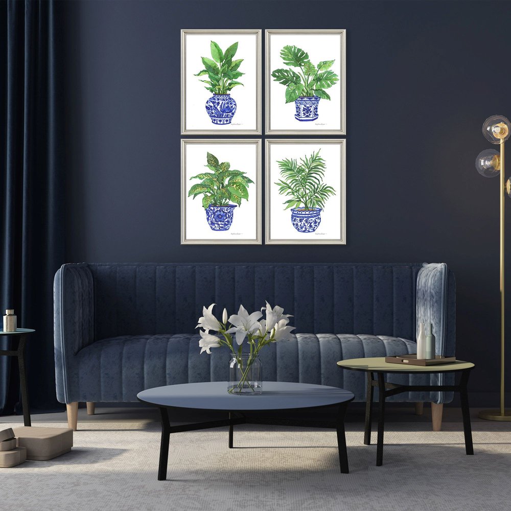 Set Of Four Botanical Blues Silver Framed Wall Art HomeRoots