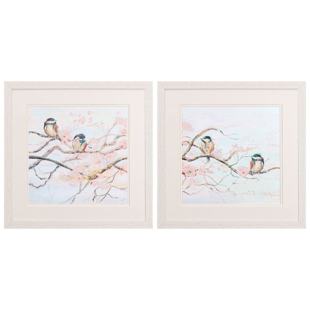 Set Of Two Spring Branch Birds Distressed White Framed Wall Art