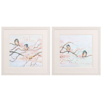 Set Of Two Spring Branch Birds Distressed White Framed Wall Art