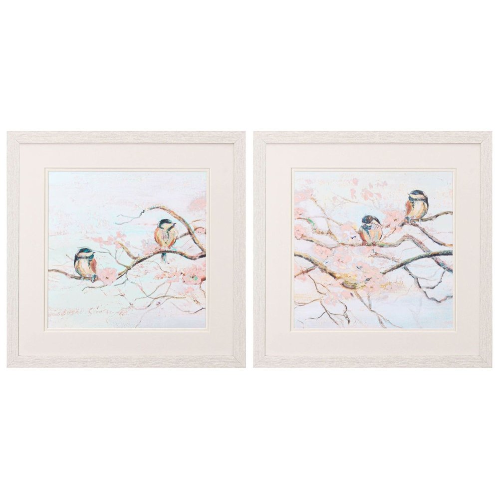 Set Of Two Spring Branch Birds Distressed White Framed Wall Art