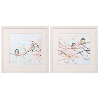 Set Of Two Spring Branch Birds Distressed White Framed Wall Art