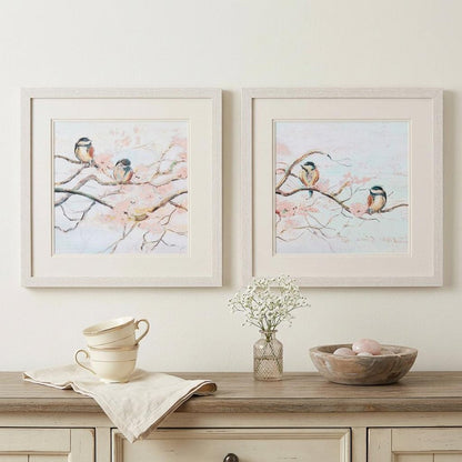 Set Of Two Spring Branch Birds Distressed White Framed Wall Art