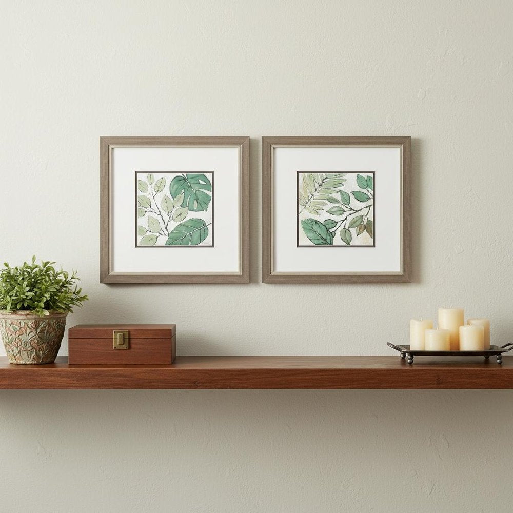 Set Of Two Green Botanical Silver Framed Wall Art