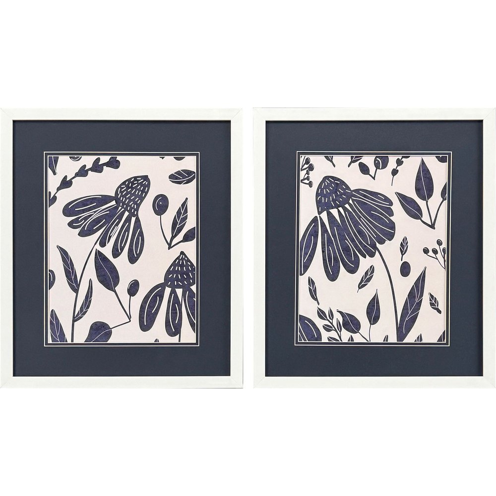 Set Of Two Denim Floral White Framed Wall Art