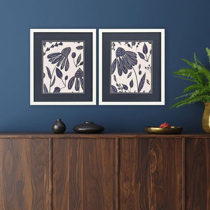 Set Of Two Denim Floral White Framed Wall Art