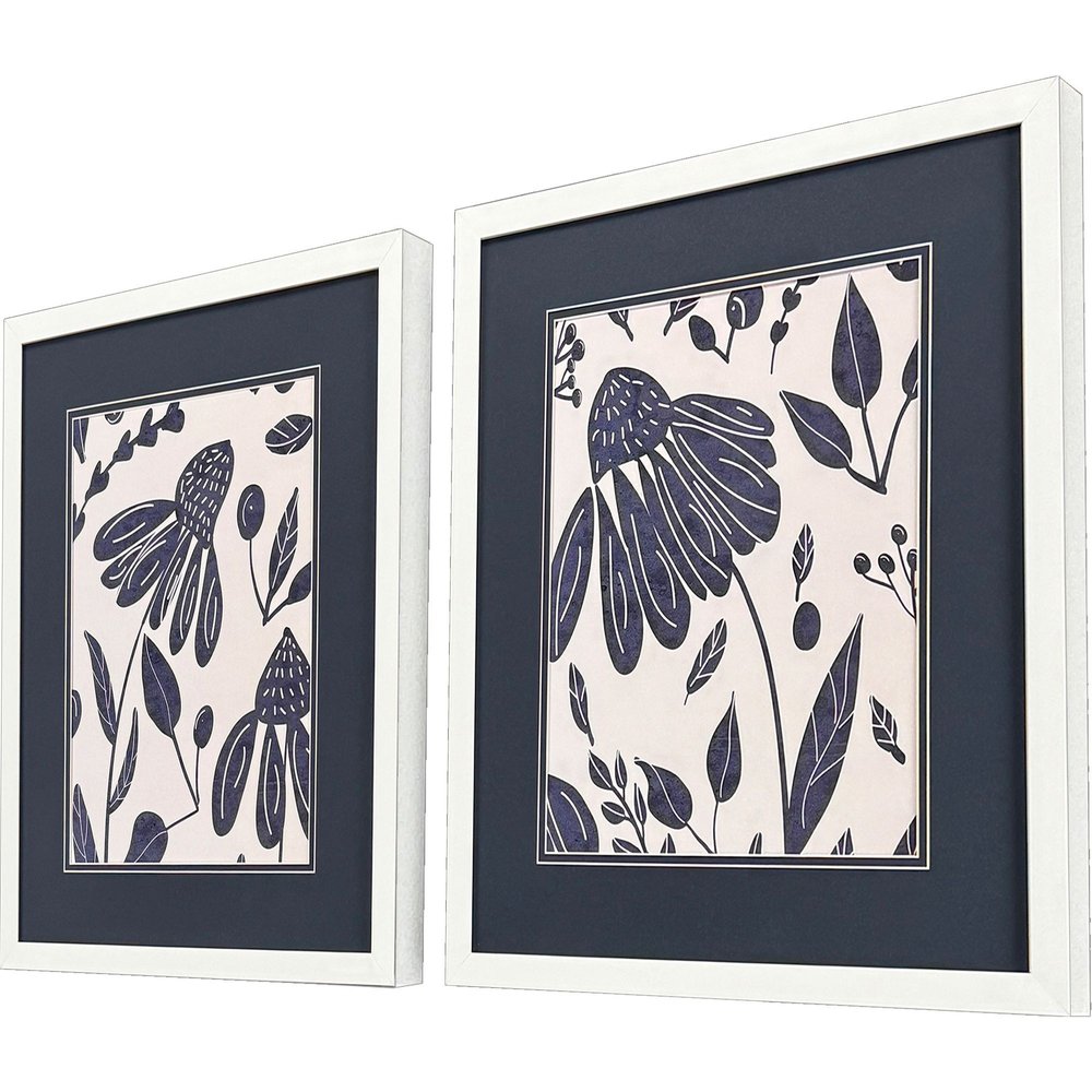 Set Of Two Denim Floral White Framed Wall Art