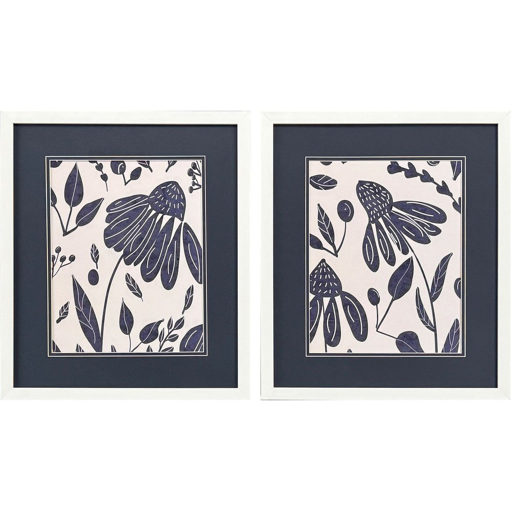 Set Of Two Denim Floral White Framed Wall Art