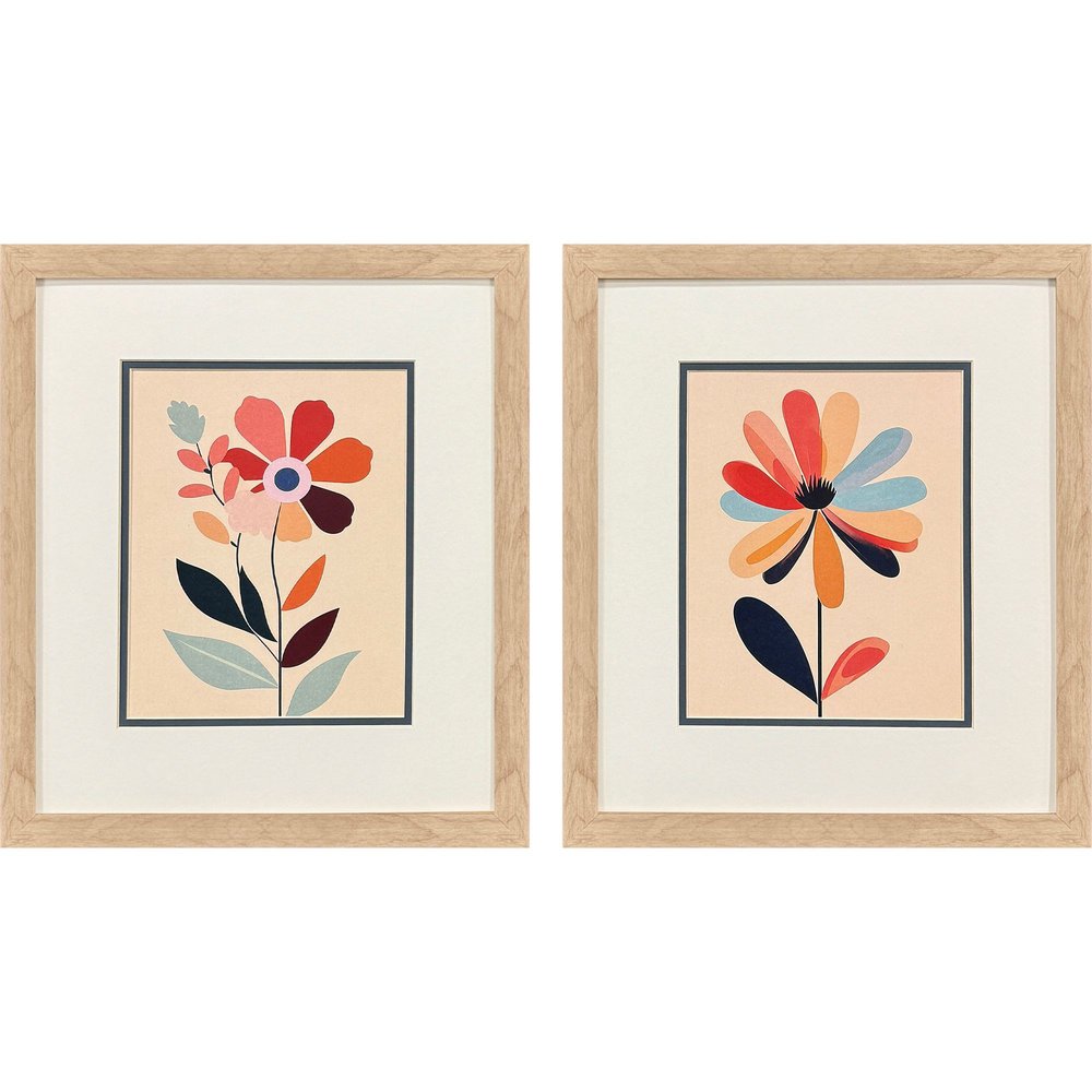 Set Of Two Colorful Flowers Brown Framed Wall Art