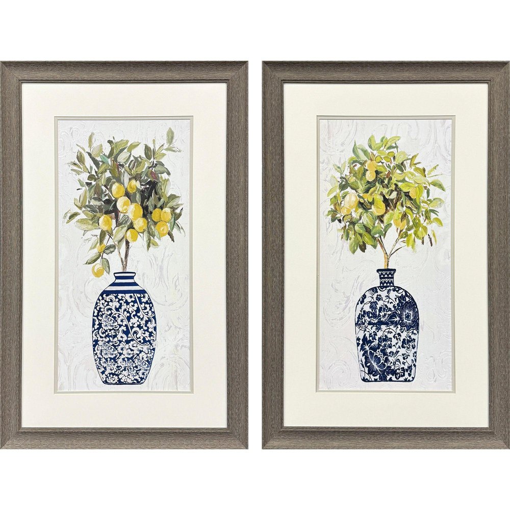 Set Of Two Lemon Tree Chinoiserie Pot Brown Framed Wall Arts