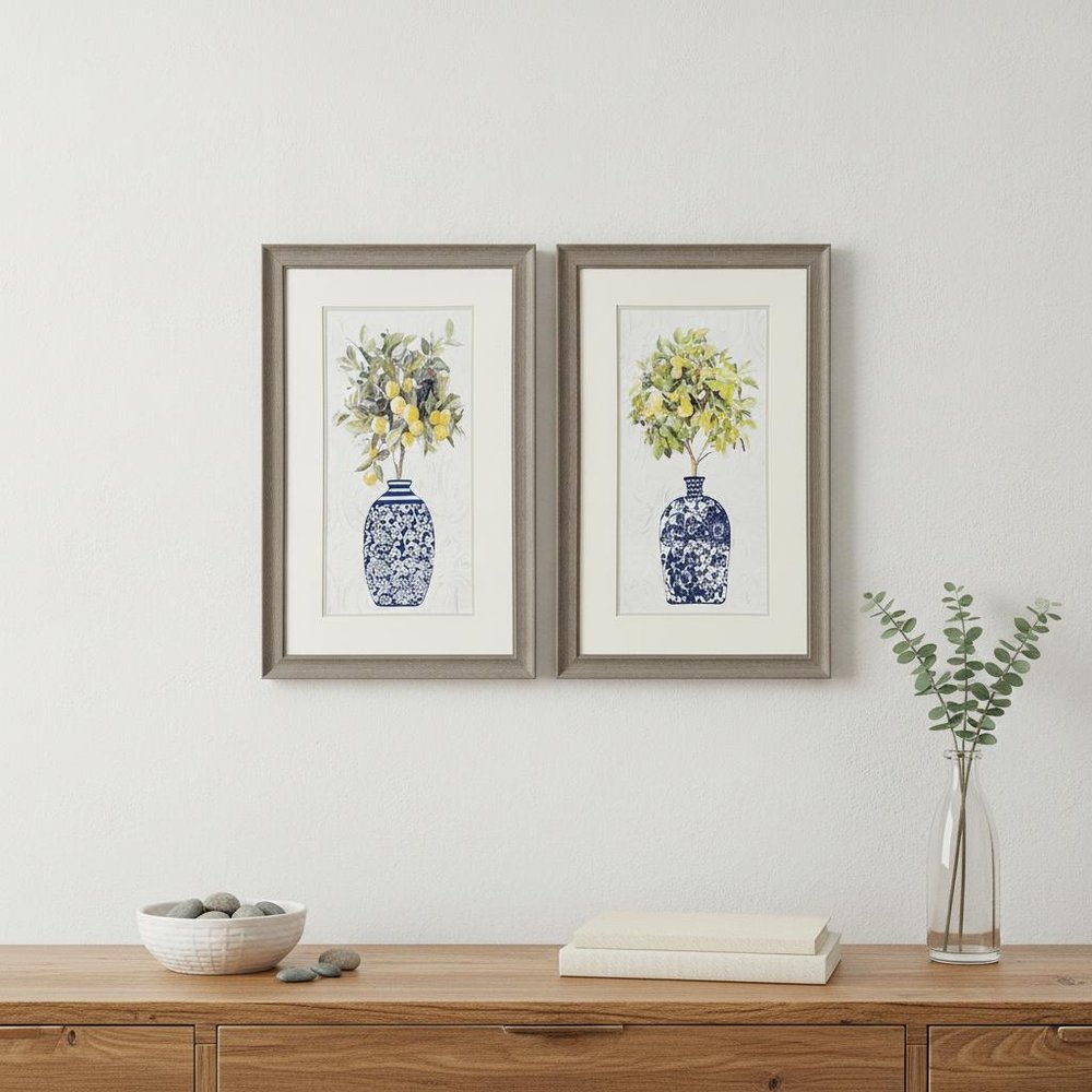 Set Of Two Lemon Tree Chinoiserie Pot Brown Framed Wall Arts
