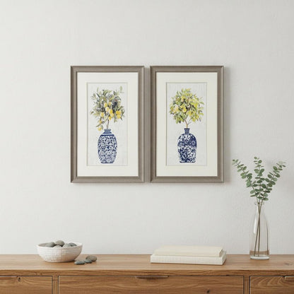 Set Of Two Lemon Tree Chinoiserie Pot Brown Framed Wall Arts