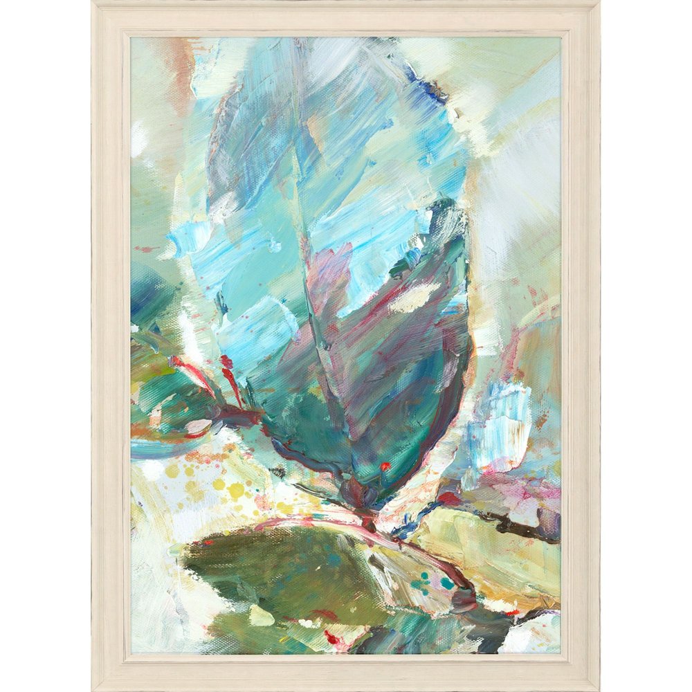 Aqua Leaf II Distressed White Framed Wall Art