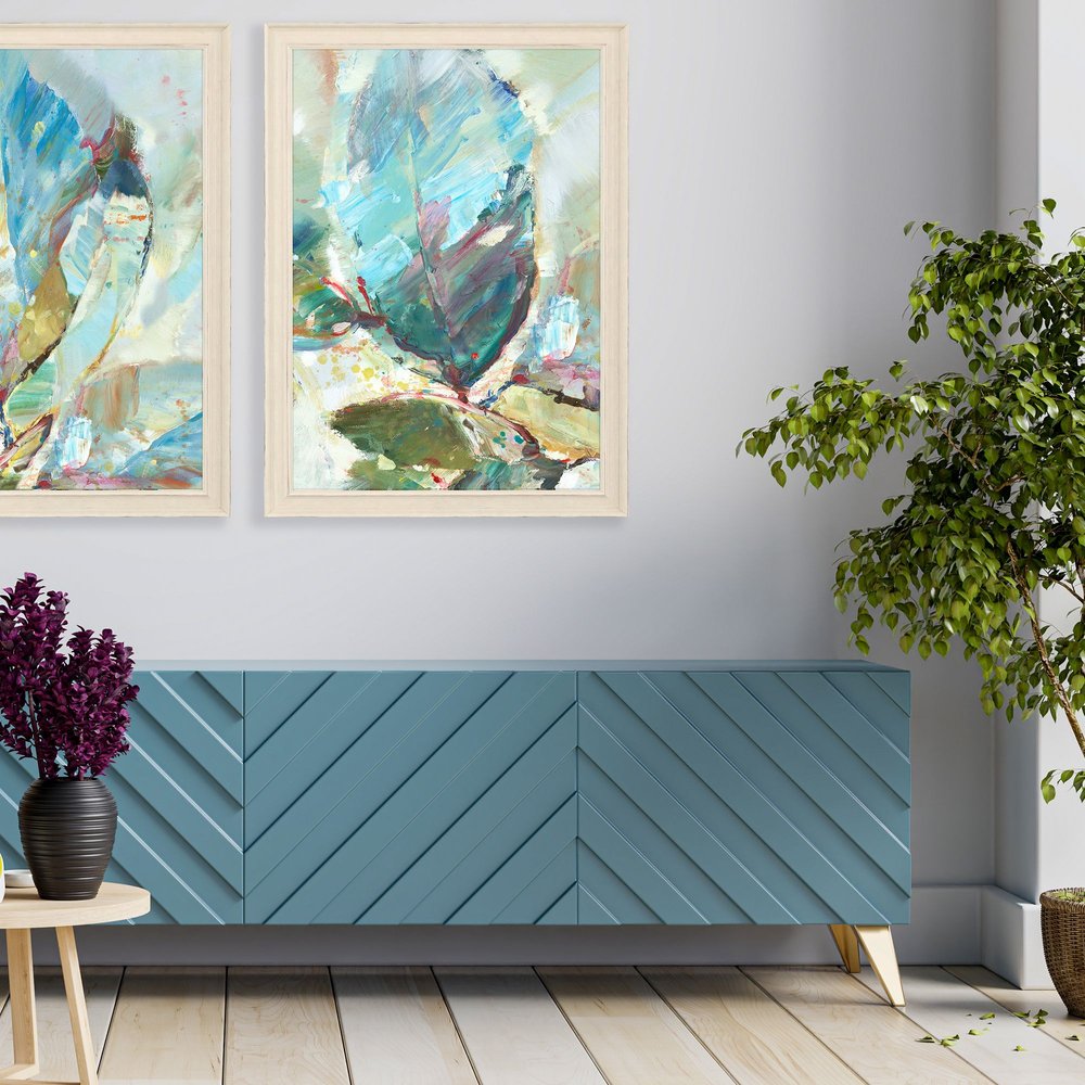 Aqua Leaf II Distressed White Framed Wall Art