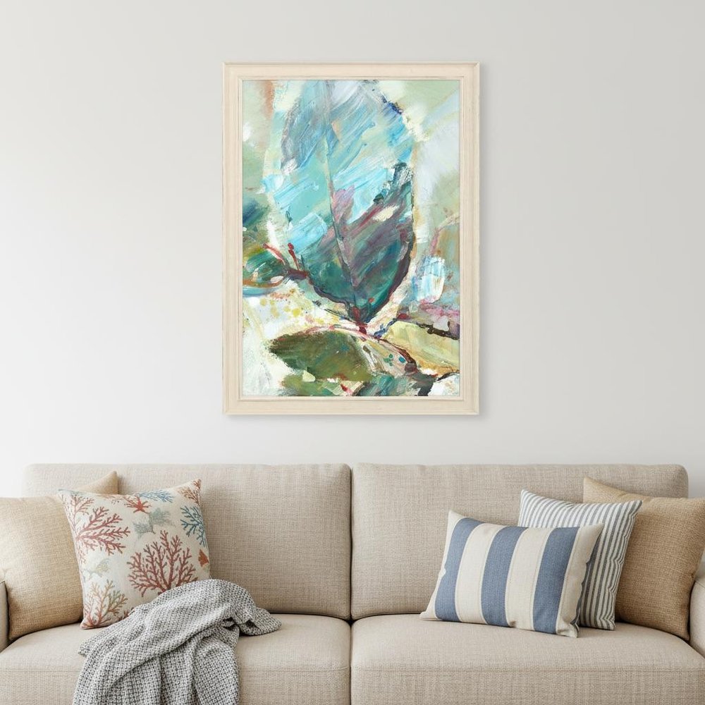 Aqua Leaf II Distressed White Framed Wall Art