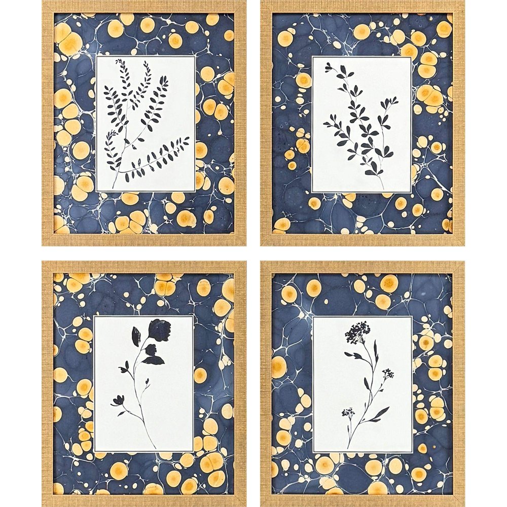 Set Of Four Simple Nature Distressed Gold Framed Wall Art