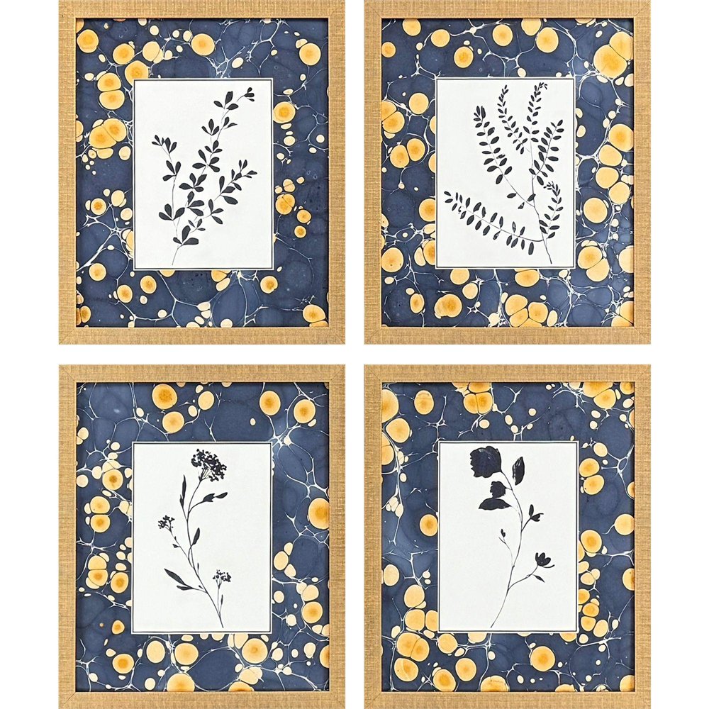 Set Of Four Simple Nature Distressed Gold Framed Wall Art