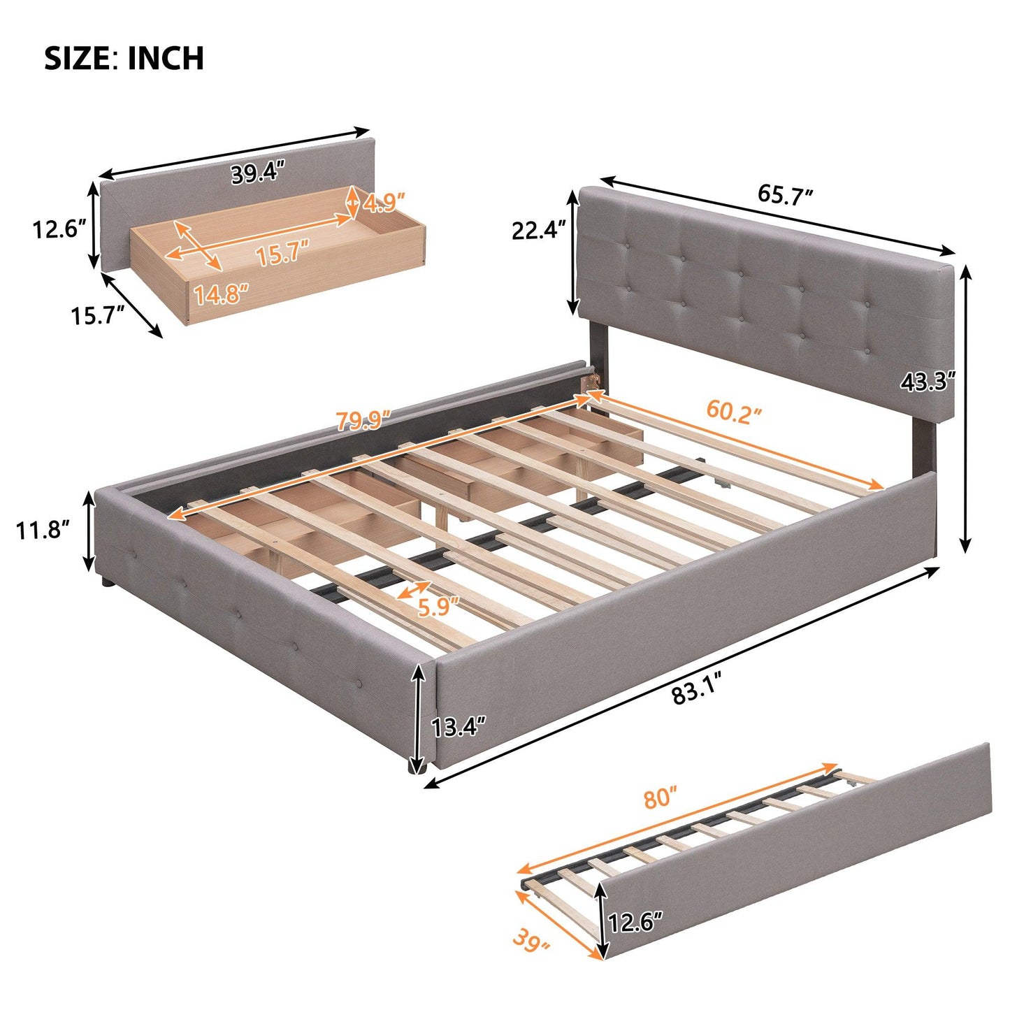 Upholstered Platform Bed with 2 Drawers and 1 Twin XL Trundle Linen Fabric Queen Size - Light Gray - FurniFindUSA