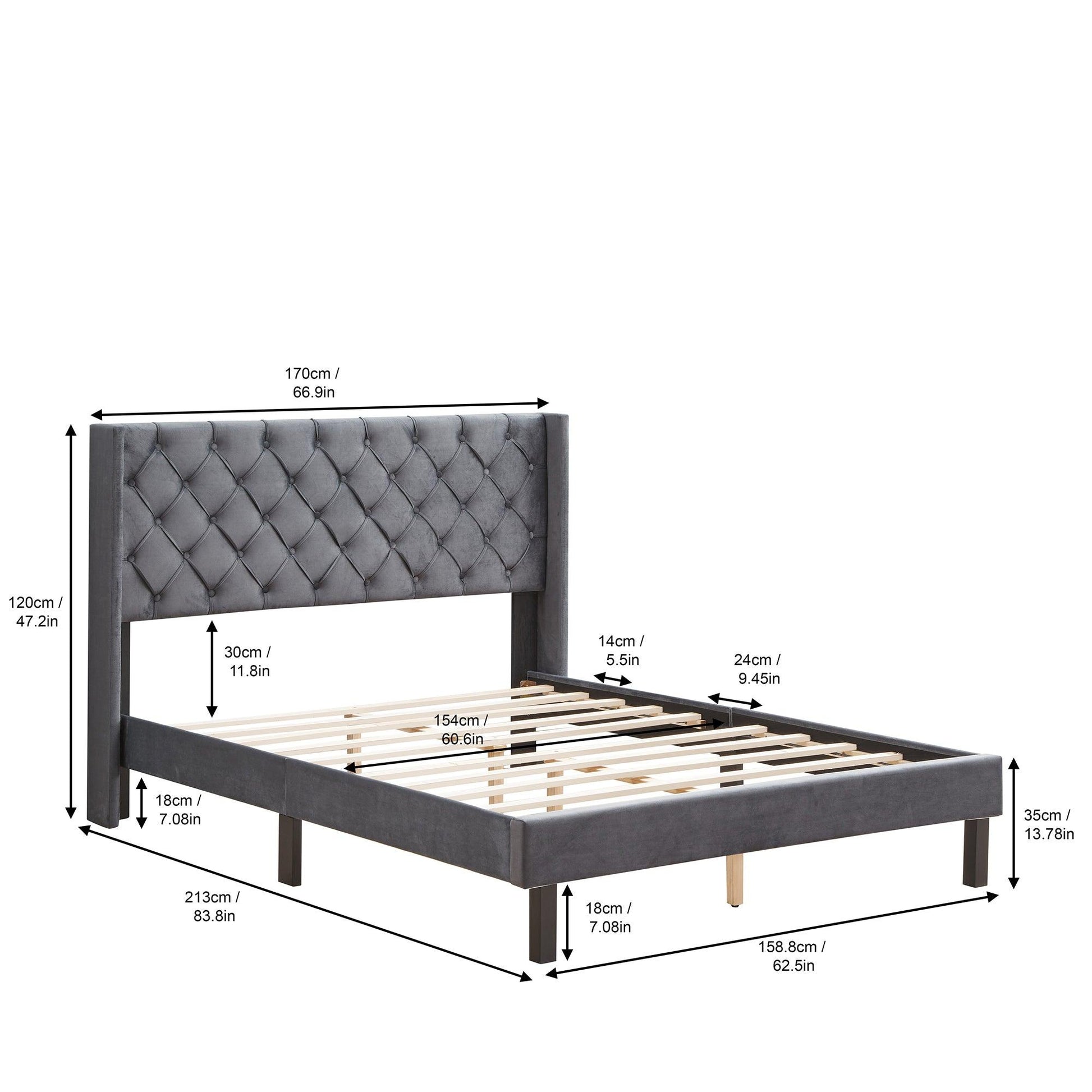 Velvet Button Tufted-Upholstered Bed with Wings Design - Strong Wood Slat Support - Easy Assembly - Gray Queen platform bed - FurniFindUSA