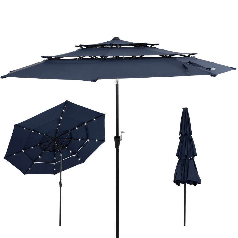 10' Dark Blue Polyester Octagonal Tilt Lighted Market Patio Umbrella — view 1