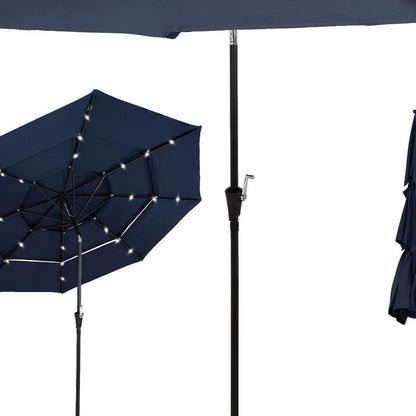 10' Dark Blue Polyester Octagonal Tilt Lighted Market Patio Umbrella