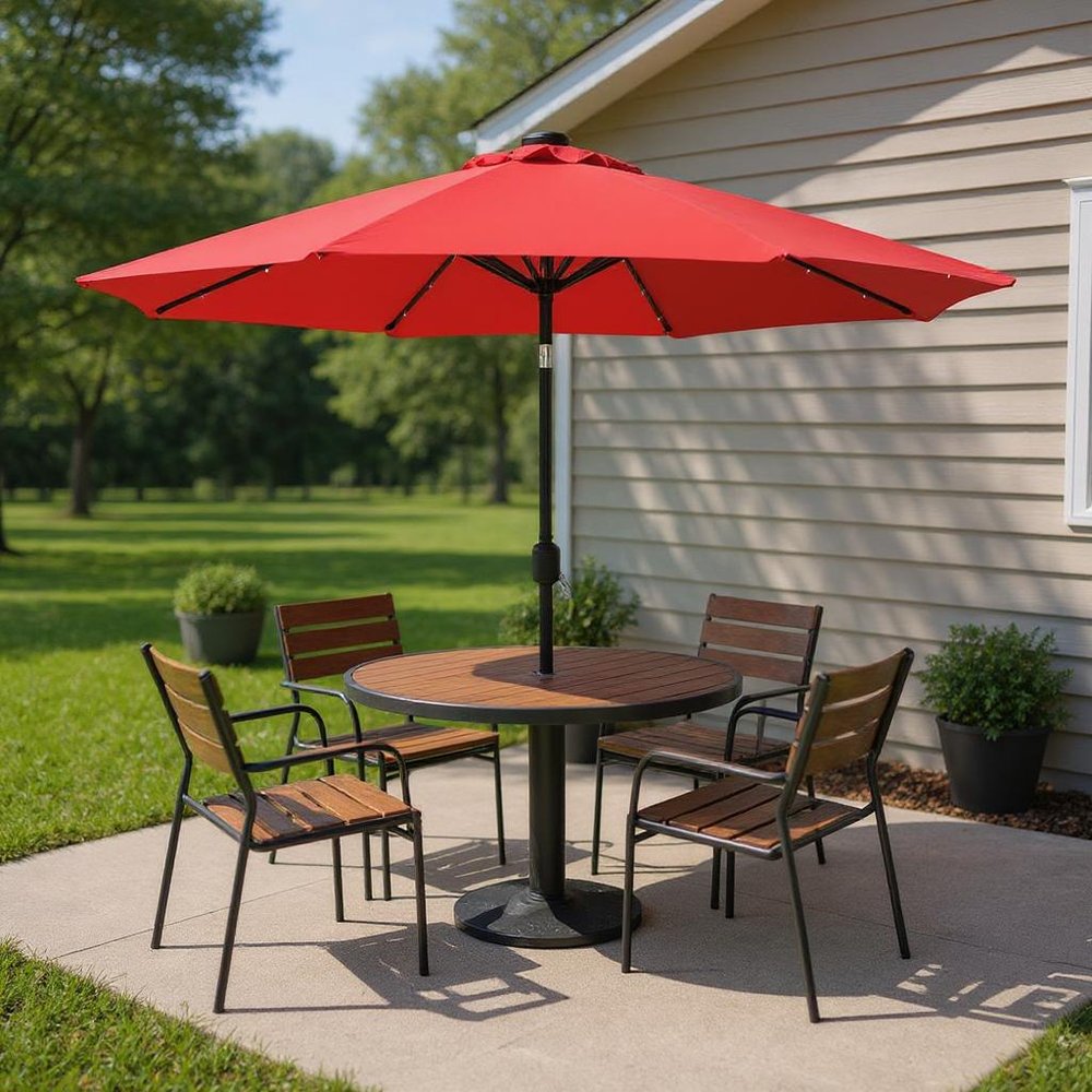 9' Red Polyester Octagonal Tilt Lighted Market Patio Umbrella — view 9