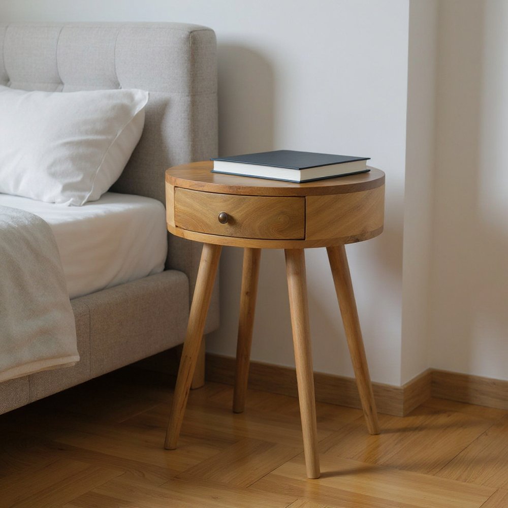 22" Natural Solid Wood Round One Drawer Nightstand — view 9