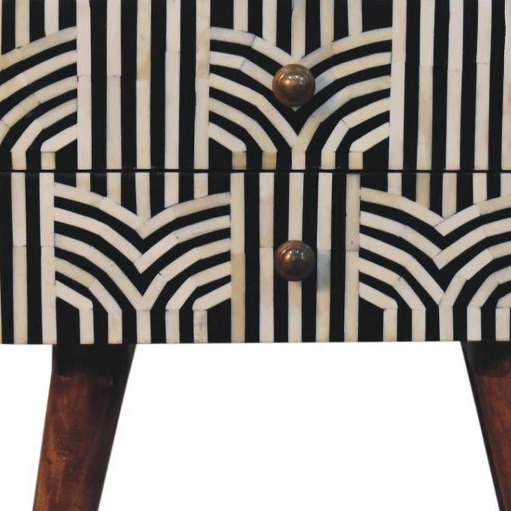 23" Black White And Brown Solid Wood Geometric Bone Inlay Two Drawer Nightstand HomeRoots