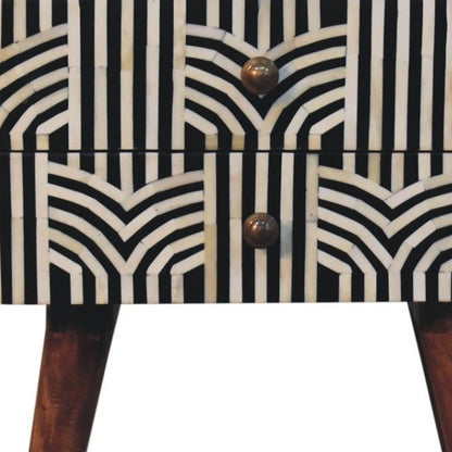23" Black White And Brown Solid Wood Geometric Bone Inlay Two Drawer Nightstand HomeRoots