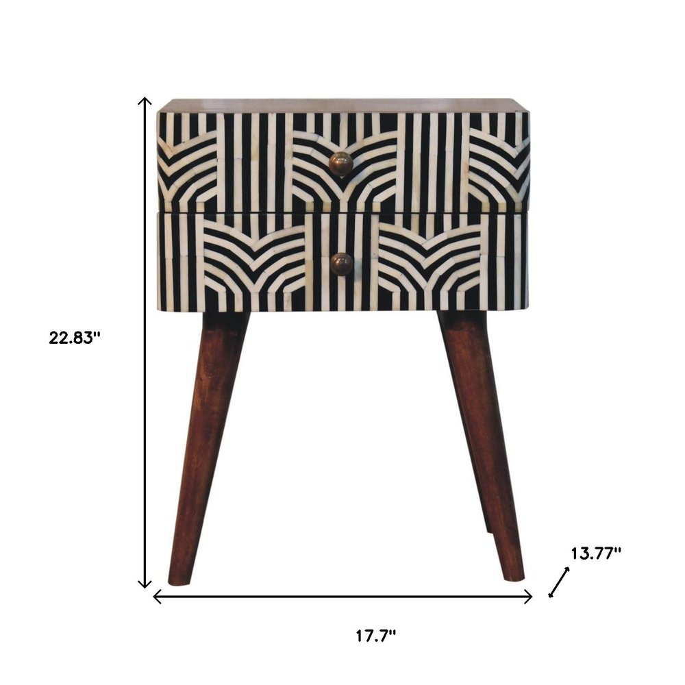 23" Black White And Brown Solid Wood Geometric Bone Inlay Two Drawer Nightstand HomeRoots