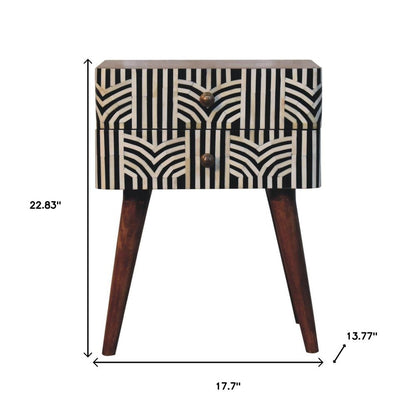 23" Black White And Brown Solid Wood Geometric Bone Inlay Two Drawer Nightstand HomeRoots