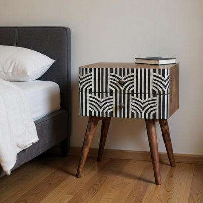 23" Black White And Brown Solid Wood Geometric Bone Inlay Two Drawer Nightstand HomeRoots