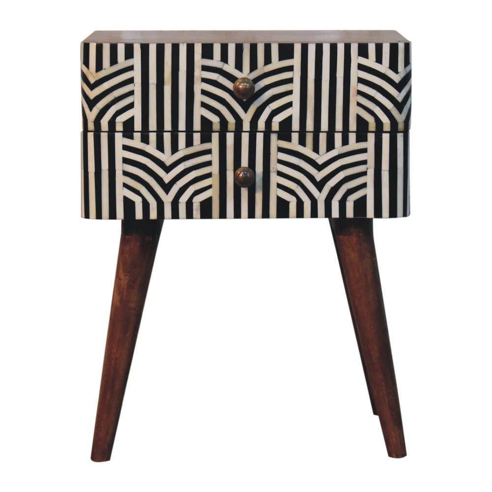 23" Black White And Brown Solid Wood Geometric Bone Inlay Two Drawer Nightstand HomeRoots