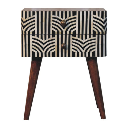 23" Black White And Brown Solid Wood Geometric Bone Inlay Two Drawer Nightstand HomeRoots