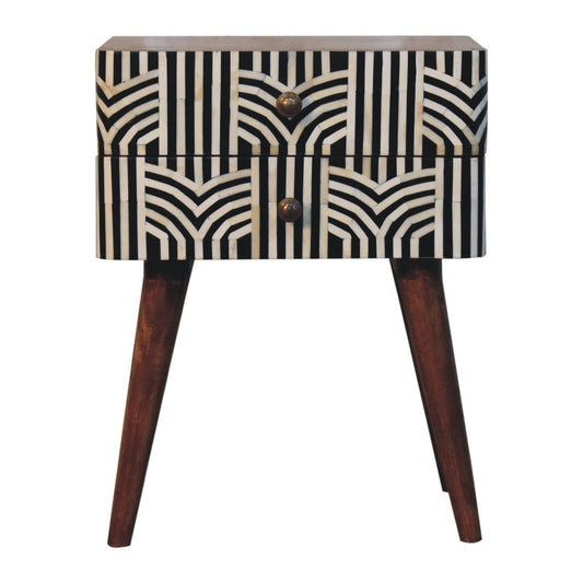 23" Black White And Brown Solid Wood Geometric Bone Inlay Two Drawer Nightstand HomeRoots