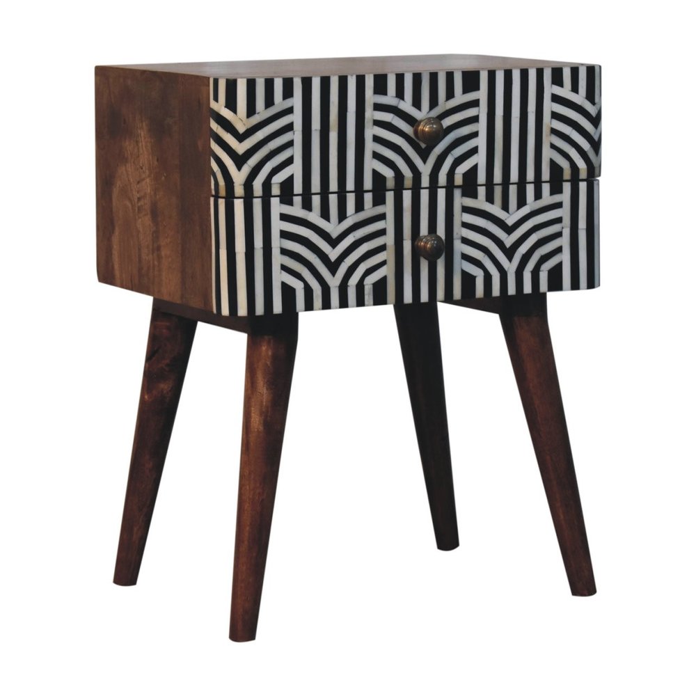 23" Black White And Brown Solid Wood Geometric Bone Inlay Two Drawer Nightstand HomeRoots
