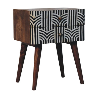 23" Black White And Brown Solid Wood Geometric Bone Inlay Two Drawer Nightstand HomeRoots